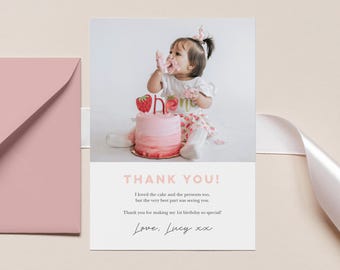 Cartão de Agradecimento Minimalista e Moderno para Meninas, Cartão de Agradecimento de 1º Aniversário para Meninas, Cartão de Agradecimento Editável, Bebê Menina, Foto Minimalista 125