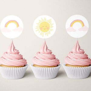 Sunshine and rainbow cupcake toppers to print yourself! Instant download sun party cupcake toppers, DIY round Sun cupcake toppers 507