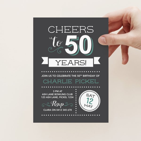 Cheers to 50 years! 50th Birthday Invitation - for any age! fiftieth Birthday Invite // Vintage Chalkboard style. Invitation for Men.