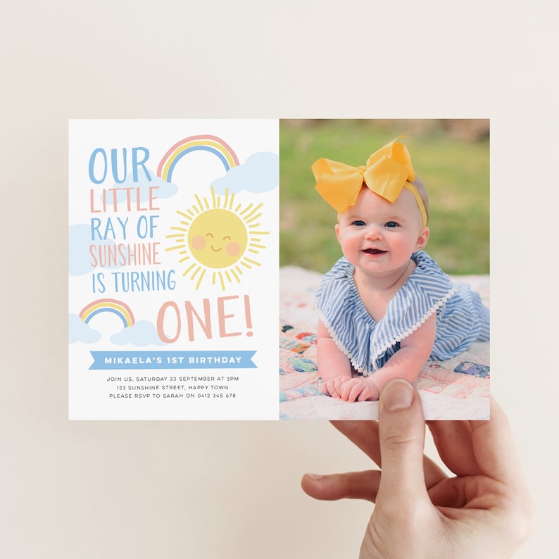 Sunshine and Rainbow 1st Birthday photo invitation, Cute Sun Invitation, Girls Summer Birthday invitation, First Birthday Girl image 1