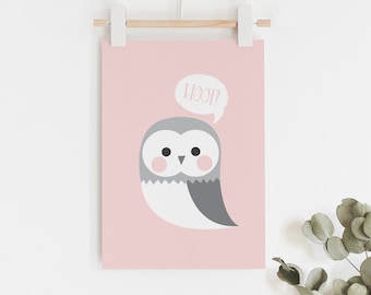 Pink Hoot Owl art print // girls nursery decor or bedroom // modern pastel pink children's wall art // on trend printed art print