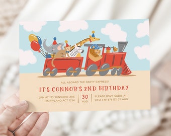 Party Animals Riding in Train Invitation, Editable Red Train Invitation, Wild One Train Invitation, Lion Elephant Monkey, Party Express