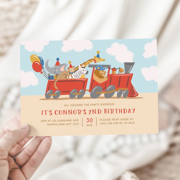 Party Animals Riding in Train Invitation, Editable Red Train Invitation, Wild One Train Invitation, Lion Elephant Monkey, Party Express