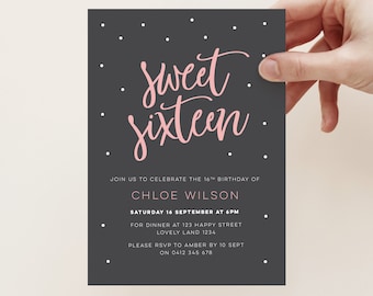 Sweet sixteen birthday party invitation, digital file for you to print yourself! 16th birthday party. Stylish pink and black design.