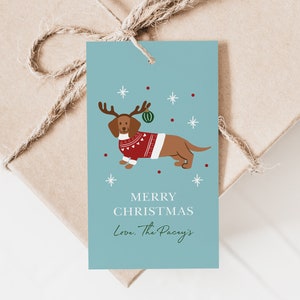 Christmas Dachshund Gift Tag, Personalised Dog Christmas Gift Tag, Kids Christmas Tag Template, Tan Dachshund, Cute Christmas Gift Tag zdjęcie 4