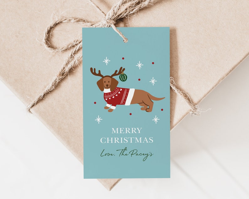 Christmas Dachshund Gift Tag, Personalised Dog Christmas Gift Tag, Kids Christmas Tag Template, Tan Dachshund, Cute Christmas Gift Tag zdjęcie 4