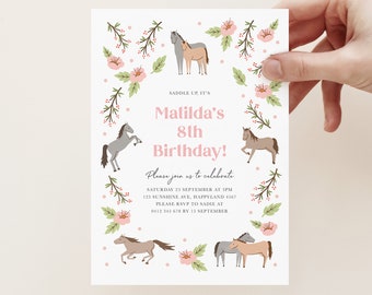 Editable Pony Birthday Invitation, Girls Horse Invitation with pretty pink flowers, Digital Horse themed party invite to edit yourself 505