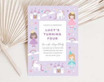 Prinsessuitnodiging, bewerkbare prinsesuitnodiging, digitale prinsesuitnodiging, regenboog en eenhoornuitnodiging, prinsesuitnodigingssjabloon 143