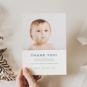 Tarjeta de agradecimiento minimalista para niños, tarjeta de agradecimiento de primer cumpleaños de género neutro, tarjeta de agradecimiento editable, bebé niño, foto minimalista 125