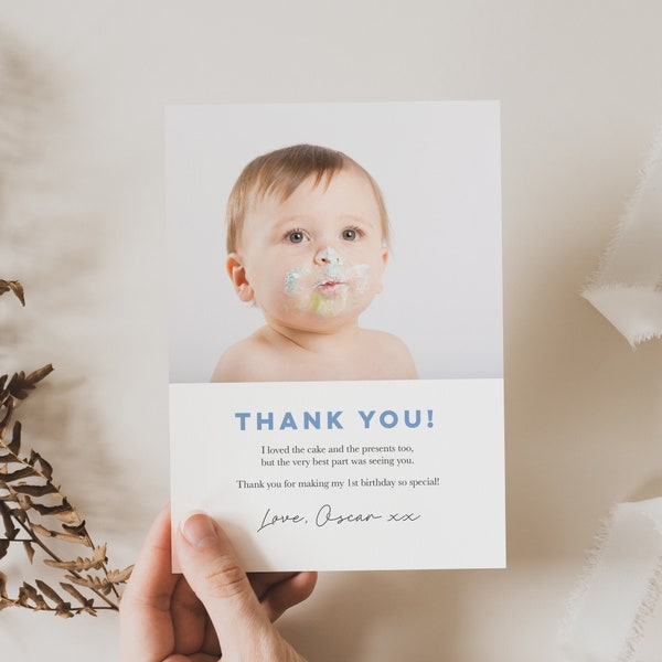 Boys Minimal Thank You Card, Gender neutral 1st Birthday Thank You Card, Editable Thank You Card, Baby Boy, Minimalist Photo 125