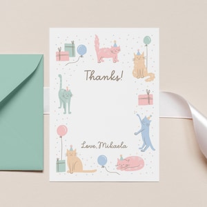Cartão de agradecimento de gato editável, agradecimento de aniversário de gato, cartão de agradecimento de gato para impressão, papelaria personalizada para gatos, gatinhos de festa 908