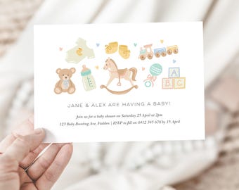 May include: A baby shower invitation with pastel illustrations of baby items, including a teddy bear, bottle, rocking horse, and blocks. The text reads "JANE & ALEX ARE HAVING A BABY!" and provides shower details.