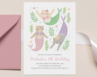 Editable Cat Invitation, Purrmaid Invitation template, Cat Mermaid Invitation, Pool Party Invitation, Mer-Cat Invitation, Meowmaid Invitatio