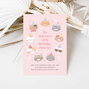 Cute Cat Invitation Template, Editable Kitten Invitation, Girls Cat Party, Digital Cat Invitation, Corjl Invitation, Party Kitties 842 image 1