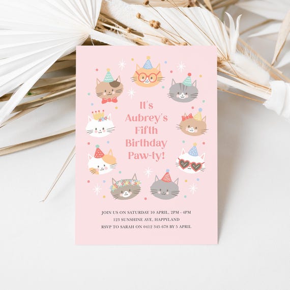 Cute Cat Invitation Template, Editable Kitten Invitation, Girls Cat Party, Digital Cat Invitation, Corjl Invitation, Party Kitties 842