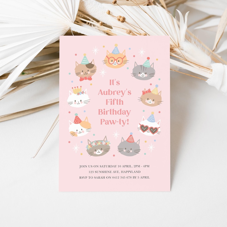 Cute Cat Invitation Template, Editable Kitten Invitation, Girls Cat Party, Digital Cat Invitation, Corjl Invitation, Party Kitties 842 image 1