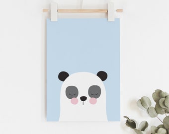 Panda print in blue kids art print // boys room art print // kids wall art // baby boy print / cute blue, black and white panda illustration