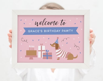 Girls Dachshund dog Party Welcome Sign / Kids Dog birthday Party / Birthday Paw-ty Welcome banner / Sausage Dog / 2nd, 3rd, 4th, 5th Party