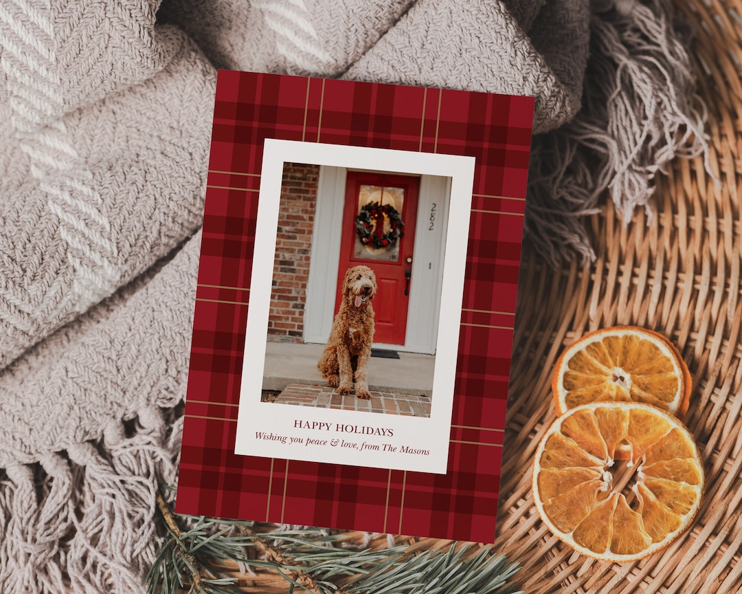 Red Tartan Photo Christmas Card, Plaid Christmas Card, Editable