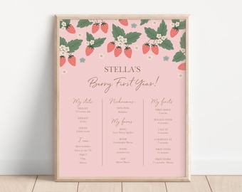 Bewerkbaar Strawberry 1e verjaardag mijlpaalbord (digitale sjabloon) Berry Sweet Strawberry 890
