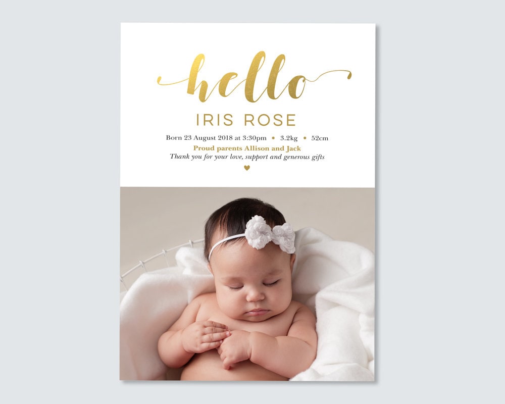 hello gold birth announcement card gender neutral gold foil newborn announcement card