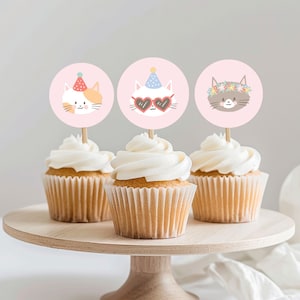 Adornos de gato para cupcakes, adornos de gatitos de descarga instantánea, imprimibles lindos para fiestas de gatos, adornos redondos de gato, archivo digital, gatitos para fiestas 842