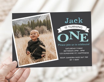 Boys First Birthday Invite, chalkboard 1st birthday party invitation, baby boy birthday, spotty party e-vite, digital file photo invite