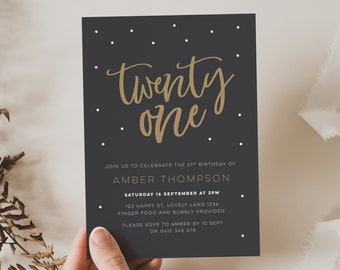 Black and gold 21st Birthday Invitation for you to print. Twenty first Birthday Invite, modern invitation