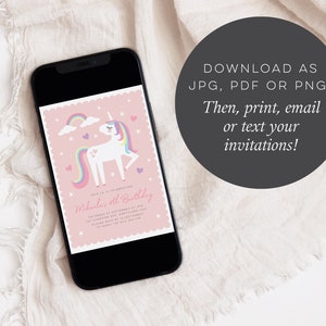 Pink Rainbow Unicorn Invitation, Magical Unicorn Party Invite, Girls Invitation template, Rainbow unicorn Printable, Rainbow Unicorn 689 image 3