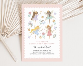 May include: A pink invitation card with a scalloped border features four cartoon fairies with wands and crowns amidst floral illustrations. The text reads "IT'S FERN'S FAIRY FIRST BIRTHDAY" and event details.