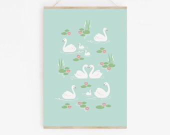 Vintage Swan Art Print, Girls Swan Nursery Print, Girls Premium Art Print, Swans Swimming Amongst Lilly Pads, Cute Swan Wall Art