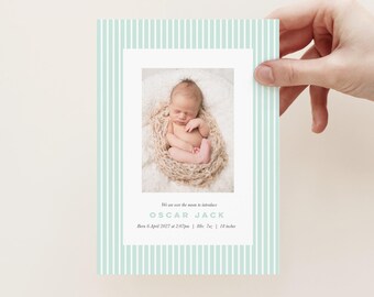 Boys Striped Photo Newborn Announcement (Digital File) Editable Thank You Card, Classic Design.