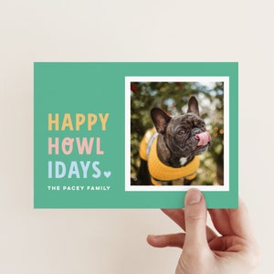 Tarjeta navideña con foto de perro, tarjeta navideña editable para mascotas, plantilla de tarjeta navideña para perros brillante y colorida, tarjeta navideña digital para perros, felices fiestas