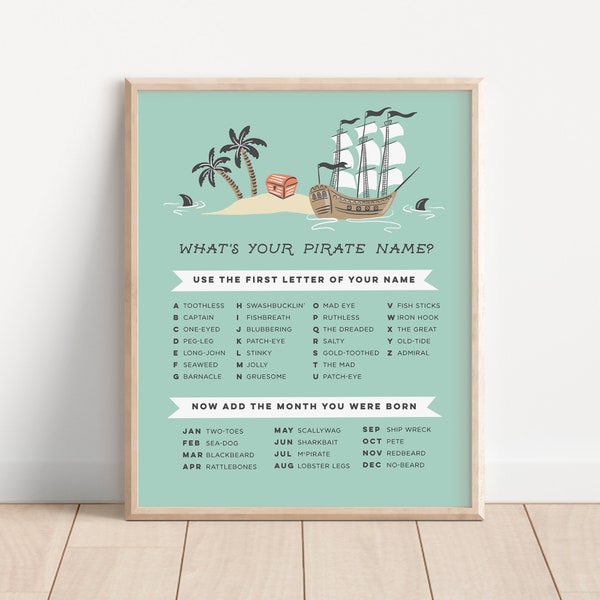 Whats Your Pirate Name Download, Find Your Pirate Name Game, Pirate Party Game, Instant Download Pirate Birthday Printable, Pirate Party