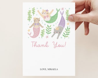 Purrmaid Thank You Card Template, Editable Mermaid Cat Thank You, Cat Birthday Thank You, Cat Party, Mermaid Thank You Card, Mermaid Party