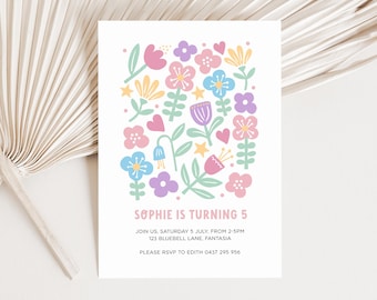 May include: A white invitation card with a colorful floral design. The card features pastel flowers, hearts, and stars. Text on the card reads "SOPHIE IS TURNING 5" and includes event details. The invitation is perfect for a birthday party.