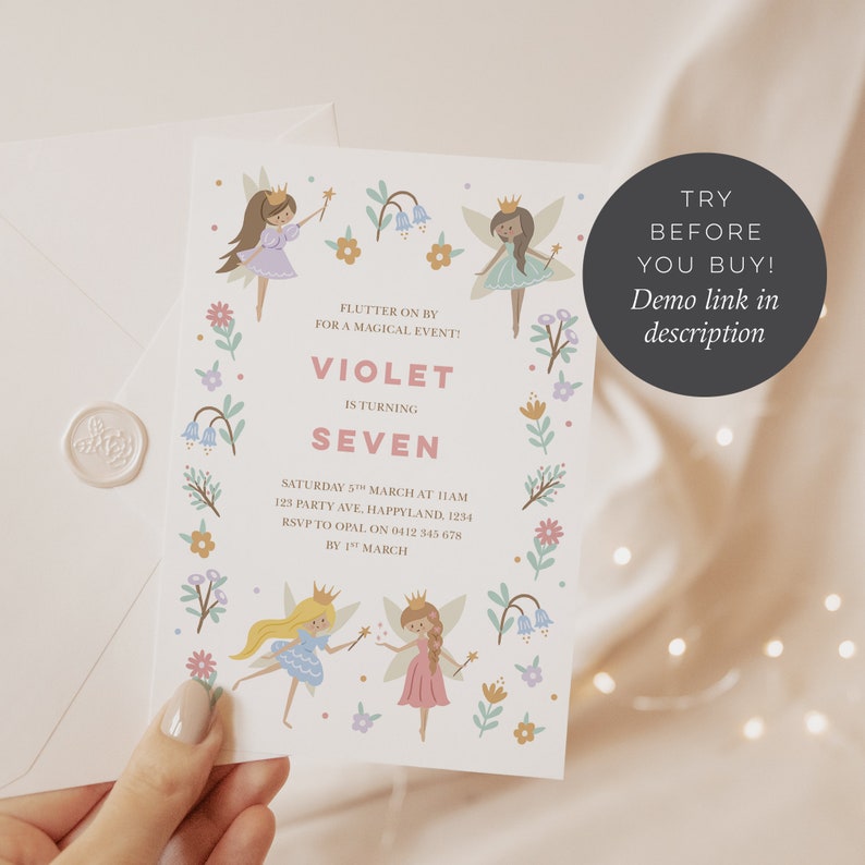 Editable Fairy Invitation, Fairy Princess Invitation Template, Fairy Party Invitation, Girls 2nd 3rd 4th 5th 6th 7th Birthday Invitation 123 image 3