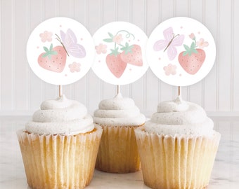 Instant Download Strawberry Cupcake Toppers, Strawberry and Butterfly Toppers, DIY Berry 1st Birthday Toppers, Gingham And Strawberries 908