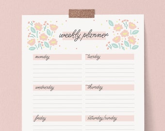 A4 Floral Weekly Planner, Instant download organiser to print yourself, US Letter weekly organizer, PDF planner page, cute stationery