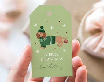 Printable Dog Christmas Tag, Editable Dachshund Gift Tag, Gift for Dachshund Lover, Tan Dachshund Christmas Tag