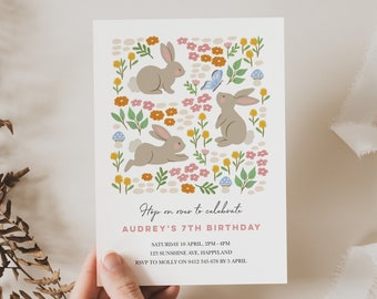 Some Bunny Invitation Template, Cute Rabbit Digital Invite, Editable Bunny Invite, Spring Birthday Invitation, Floral Field Of Bunnies