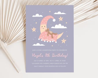 May include: A lavender invitation card with a whimsical design. It features a smiling crescent moon wearing a pink nightcap and blanket, with a teddy bear. The text reads "Hazel's 8th Birthday!" and includes party details.