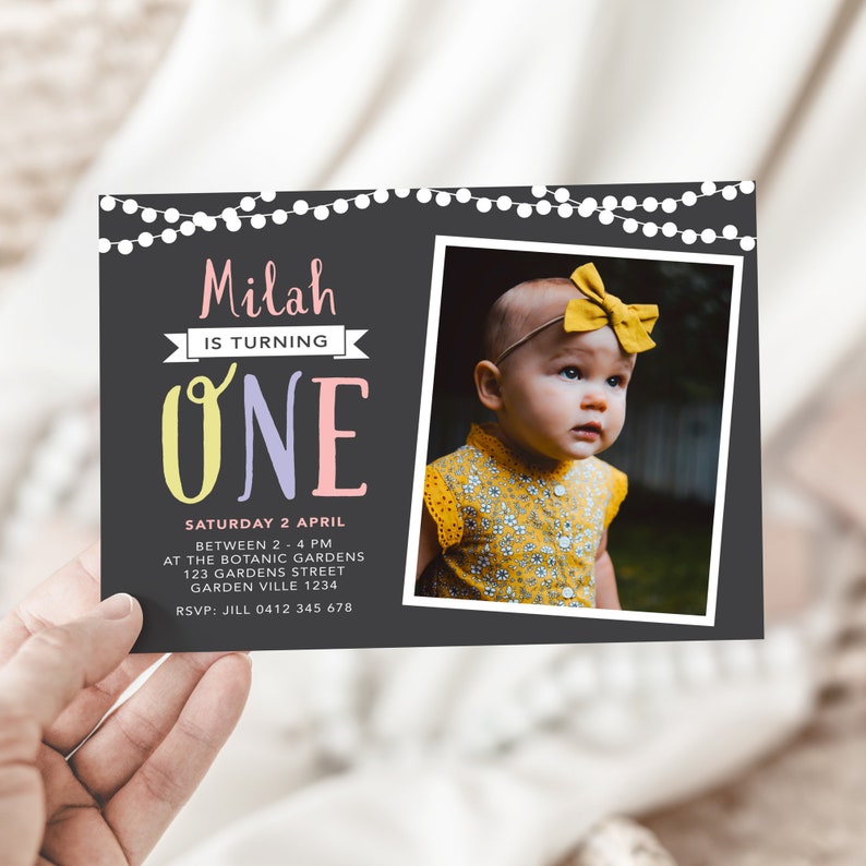 1st birthday invitation girl's, pastel pink, purple and yellow, fairy lights and chalkboard themed, girls first birthday party invitation image 1