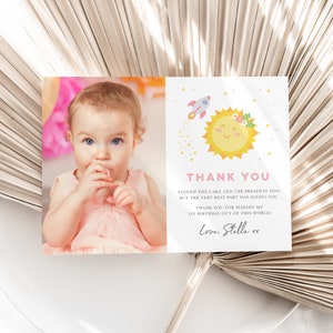 Girls Editable First Trip Around the Sun Thank You Card, Space 1st Birthday Thank You Card template, Cute Sun Thank You Template