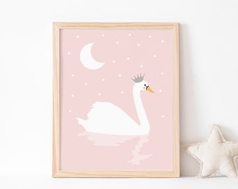 Swan Art Print in pink and white, illustrated art print for girls room, Princess Swan Nursery wall art, pretty swan art work multiple sizes