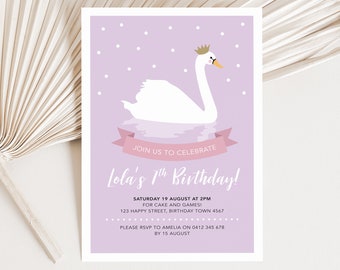 Swan princess birthday party invitation in purple and pink, 2nd, 3rd, 4th 5th, 6th invitation for any age party printable to print yourself