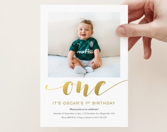 Gold Foil Boys 1st Birthday Invitation With Photo, Digital File Boy's First Birthday Invitation In Gold And Blue