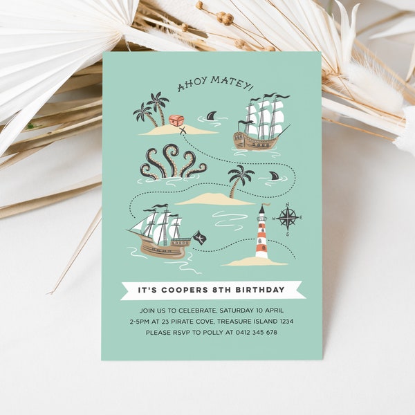 Pirate Invitation Template, Editable Pirate Invite, Treasure Map Invitation, Invitation Featuring Treasure, Pirate Ship Kraken, Pirate Party