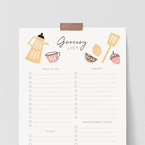 Lista de compras descargable, lista de compras de inspiración retro, lista de compras imprimible de mediados de siglo, tamaño A4 y carta de EE. UU., linda ilustración de cocina.