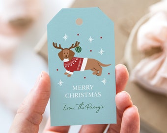 Christmas Dachshund Gift Tag, Personalised Dog Christmas Gift Tag, Kids Christmas Tag Template, Tan Dachshund, Cute Christmas Gift Tag
